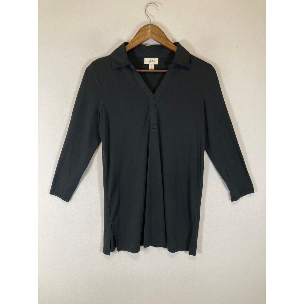 Minimalist‎ Style & Co Women S Black 3/4 Sleeve V-Neck Collared Tunic Top